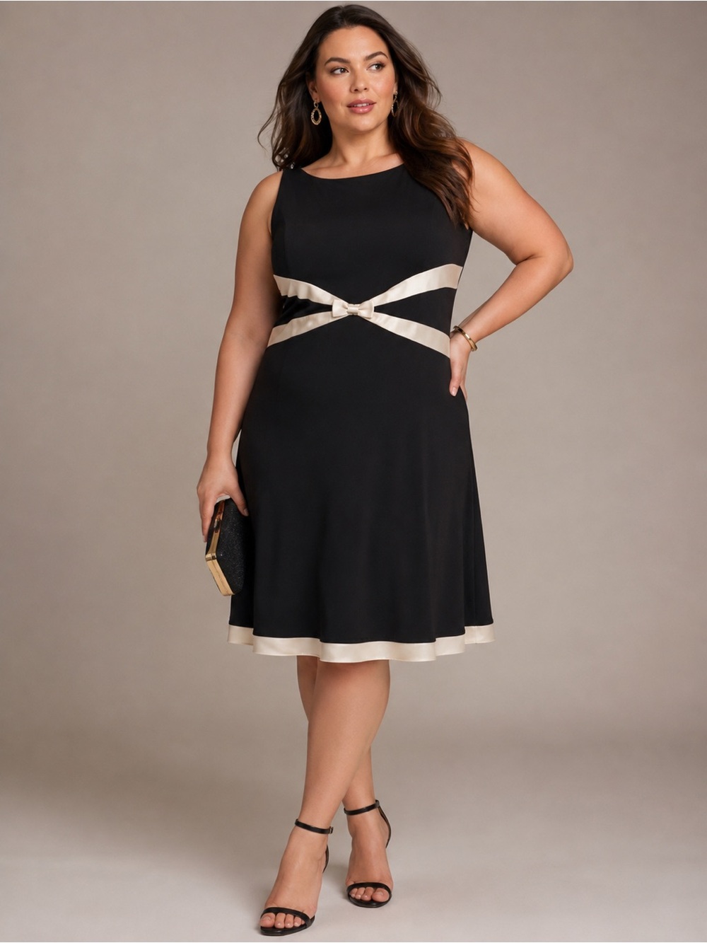 Ann Taylor Midi Dress Satin Bow LBD Size 12 Black Cream‎ Evening Cocktail Formal